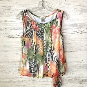 CACHÈ Vintage Zebra Floral Tropical Hawaiian Sleeveless Waist Tie Blouse S
